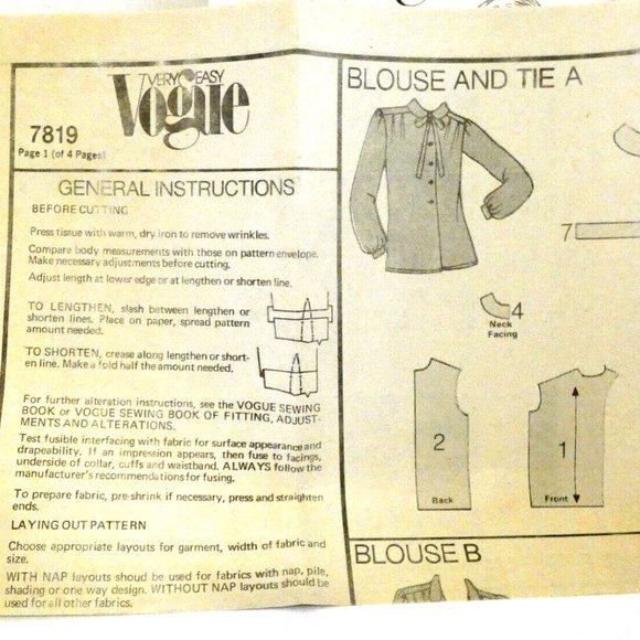 Vintage Vogue Pattern Womens Blouse and Tie Top 4 Styles Size 12 UK/8 USA Uncut - Picture 12 of 12